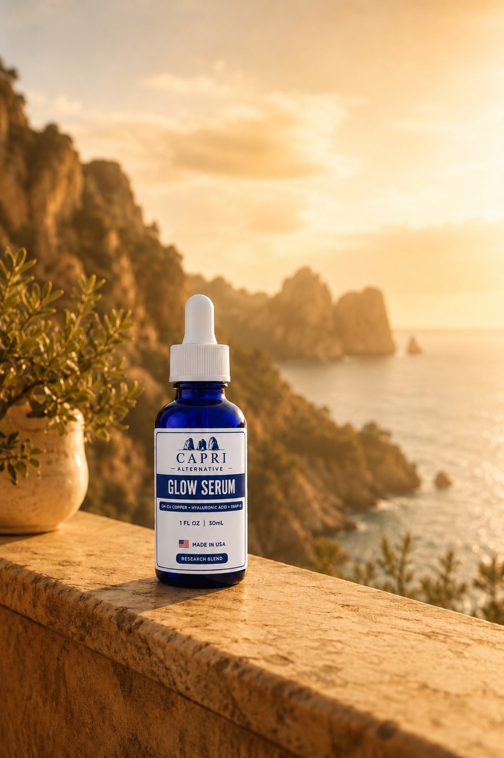 Capri Glow Serum on the Capri coast at golden hour